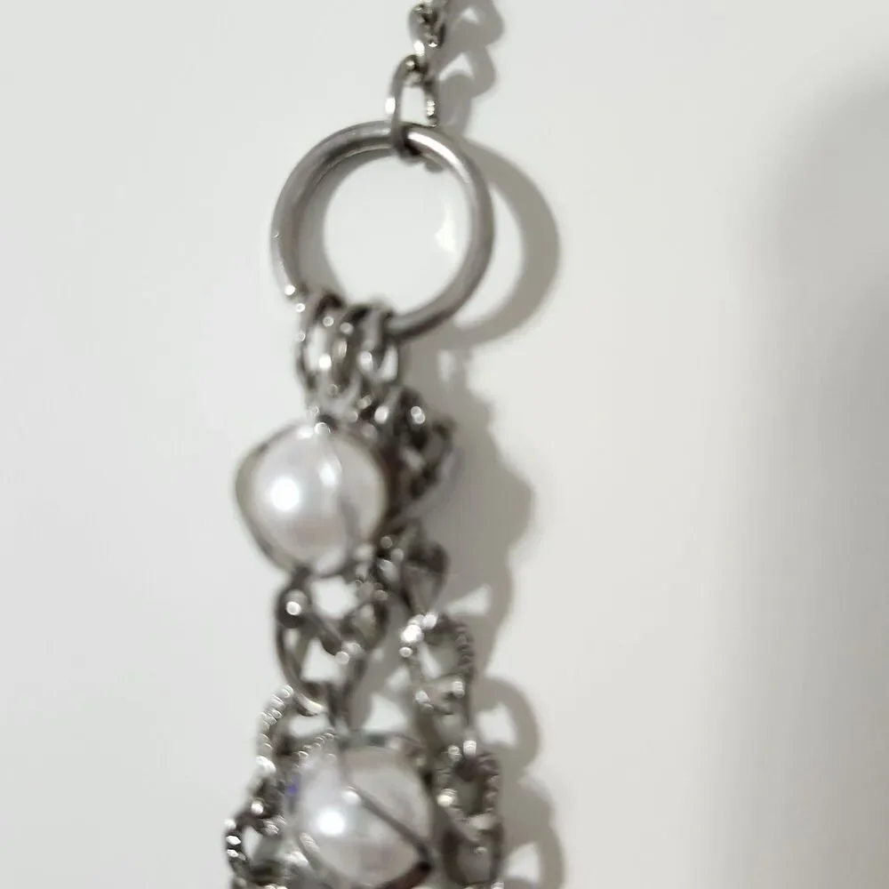Multi Strand Layered Silver Tone Pearl Beaded Chain Ringlet Necklace Lobster